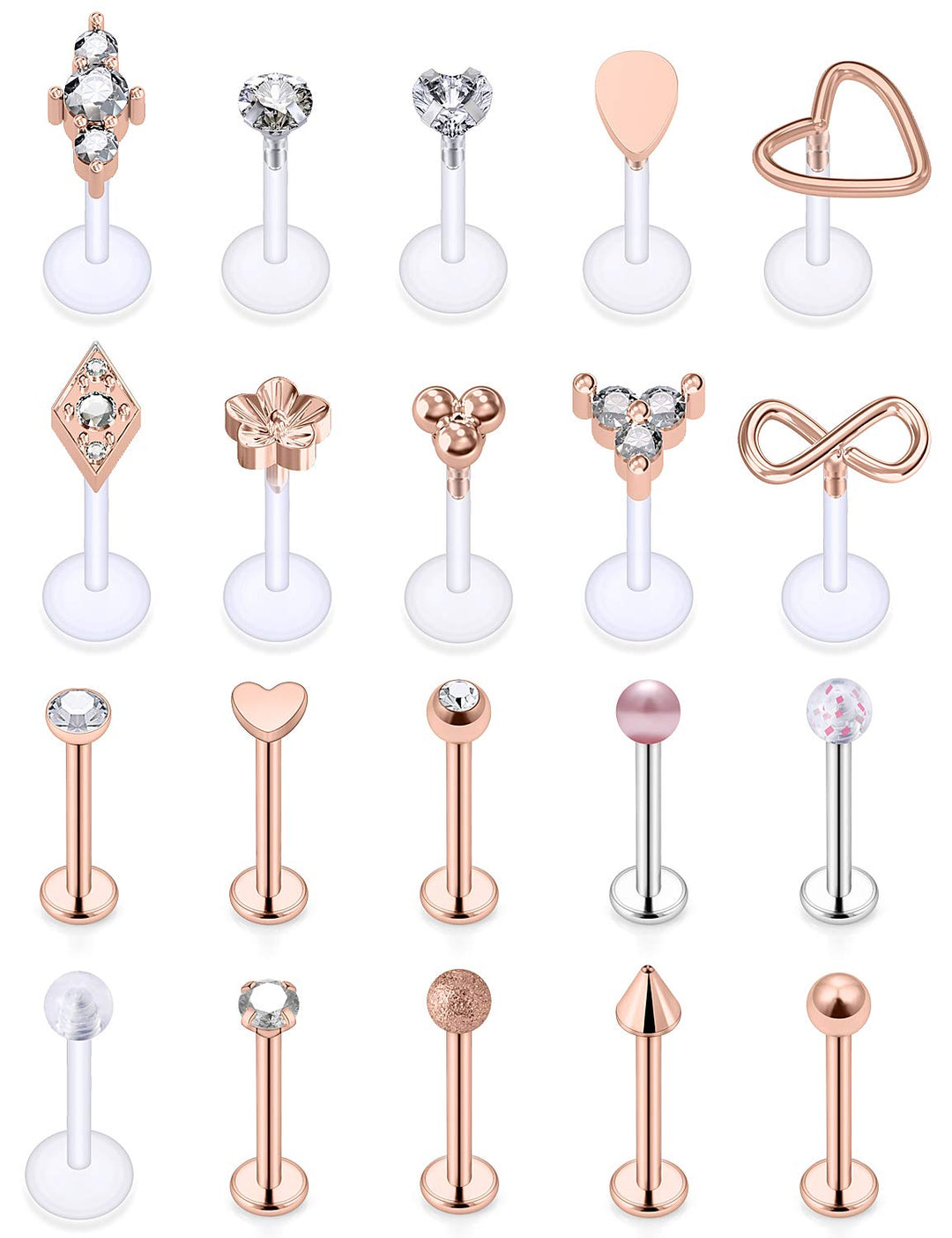 16g Lip Rings Stainless Steel Labret Monroe Lip Rings Nail Tragus Helix Earrings Studs Ring Medusa Piercing Jewelry 8mm 20PCS Rose Gold