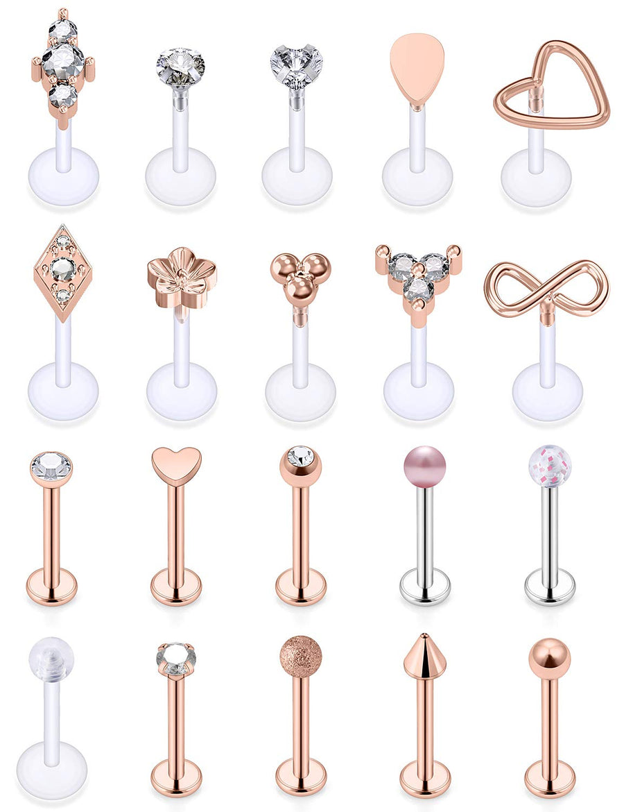 16g Lip Rings Stainless Steel Labret Monroe Lip Rings Nail Tragus Helix Earrings Studs Ring Medusa Piercing Jewelry 8mm 20PCS Rose Gold