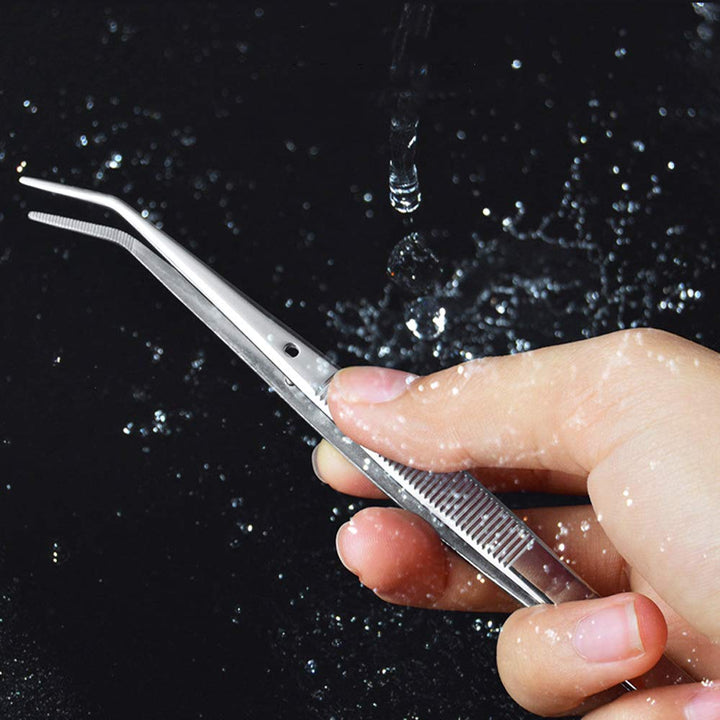 Stainless Steel Tweezer with Precision Serrated Tips and Positioning Straight and Curved Tweezers for Cooking Repairing Surgical Medical Beauty - 6.3 Inch 2PCS