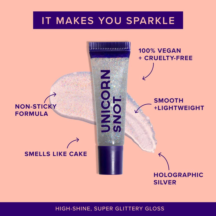 Glitter Lip Gloss - Sparkly Lip Shine - Stocking Stuffers for Women, Gifts for Teen Girls - Vegan &amp; Cruelty-Free Non-Sticky Formula Lip Gloss Glitter Makeup - Holographic Silver (Disco)