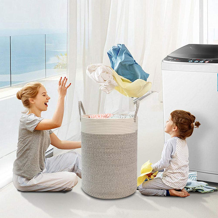Large Tall Cotton Rope Basket, 15.7x15.7x21.7in Laundry Basket with Handle, Nursery Organizers and Storage for Blanket Towel Clothes Organizing (White&amp;Brown)