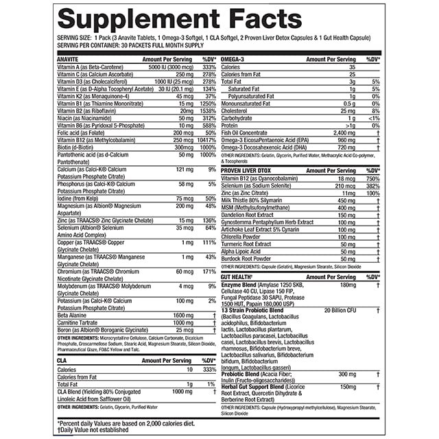 Anavite, Full Spectrum Multi-Vitamin Packs, Anavite Multivitamins, CLA, Omega 3s, Proven Gut, and Proven Liver Detox, All in 1 (30 Servings, 5 in 1 Multivitamin Pack)
