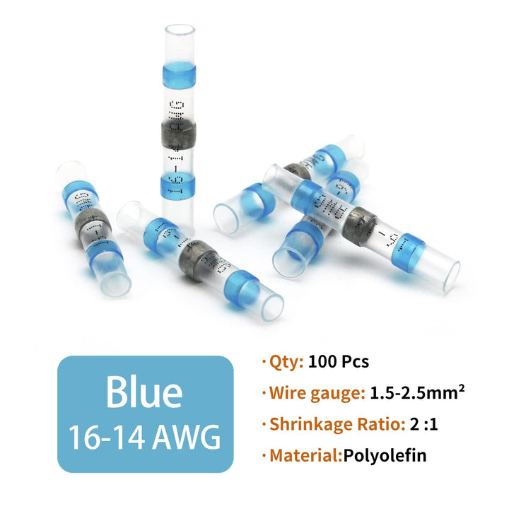 100 Pcs Solder Seal Wire Connectors, 16-14 AWG Heat Shrink Solder Connectors, Waterproof Electrical Wiring Butt Terminal
