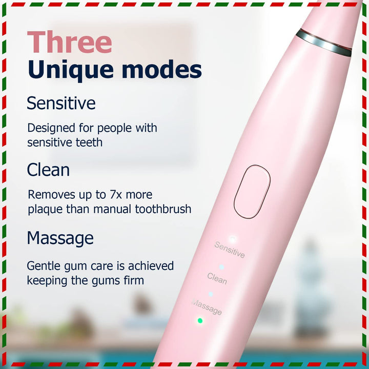Sonic Electric Toothbrush for Adults and Kids, with 3 Brush Heads, One Charge for 30 Days, 3 Modes and 2 Minutes Build in Smart Timer(Pink)