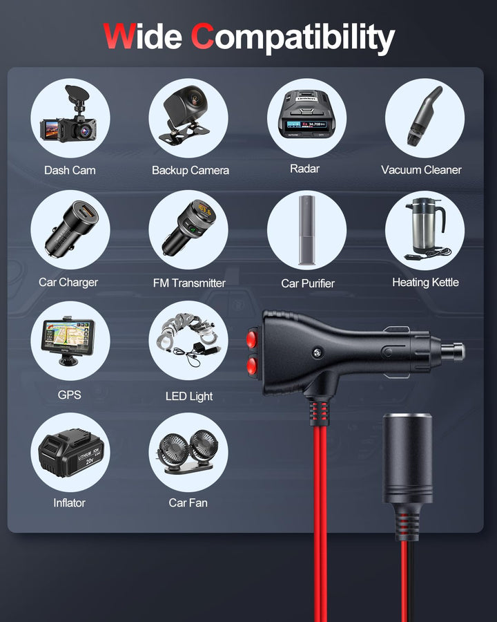 Car Cigarette Lighter Splitter Adapter 2 Socket, 1 to 2 DC 12V 24V Cigarette Lighter Power Charger Port 2-Way Splitter, 5 inch 16AWG Extension Cord Cable UL Wire with 15A Fuses