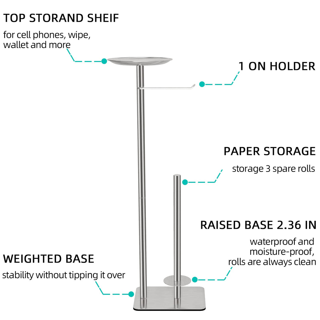 Toilet Paper Holder Stand for Bathroom Floor Standing Toilet Roll Dispenser Storages 4 Reserve Rolls, with Top Storage Shelf for Cell Phones, Wipe, Wallet and More(Brush Nickel)