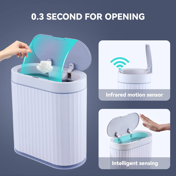 Bathroom Trash Can - 9.5 litres Waterproof Sensor Trash Can, 2.5 Gallon Motion Sensor Trash Can, Slim Garbage Bin for Narrow Kitchen and Office Use, White with Grey Trim