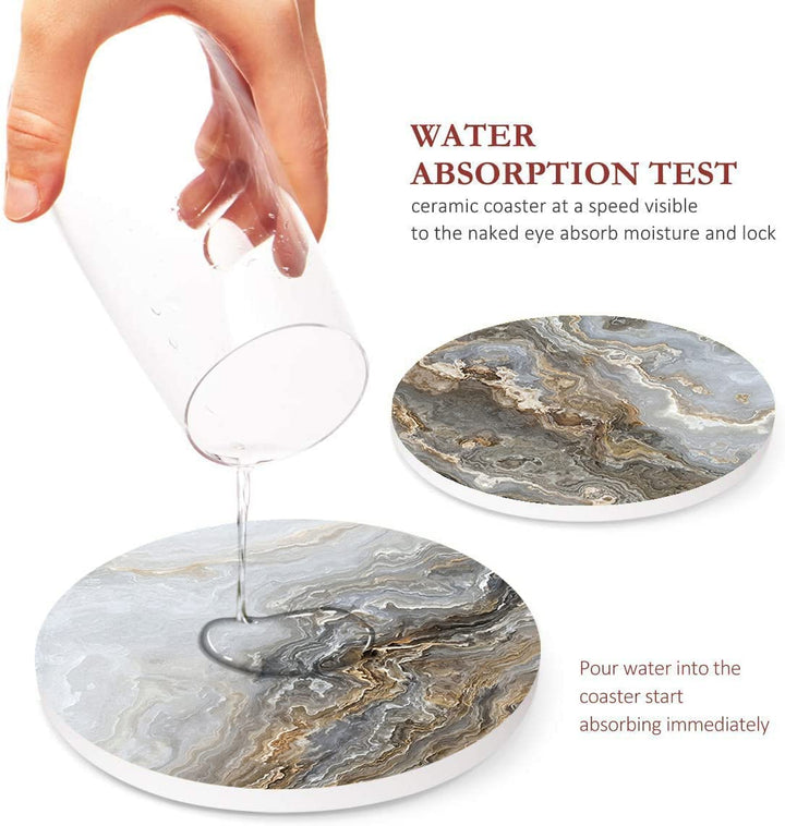 Coaster for Drinks Set of 6, Grey Marble Golden Stone Agate Table Absorbent Round Ceramic Stone Mat, with Cork Base and Metal Holder, Gift for Housewarming Room Bar Decor