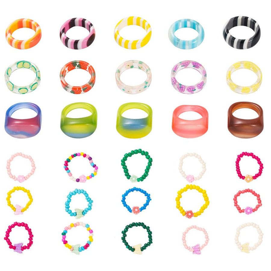 15PCS resin acrylic color ring 15PCS color flower butterfly beaded ring set cute handmade flower bead ring for Women (Color2)