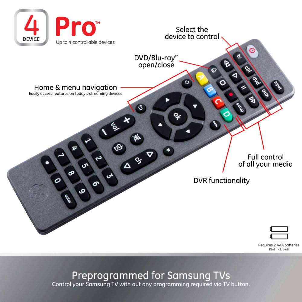 GE Universal Remote Control for Samsung, Vizio, LG, Sony, Sharp, Roku, Apple TV, RCA, Panasonic, Smart TVs, Streaming Players, Blu-ray, DVD, Simple Setup, 4-Device, Graphite, 33711