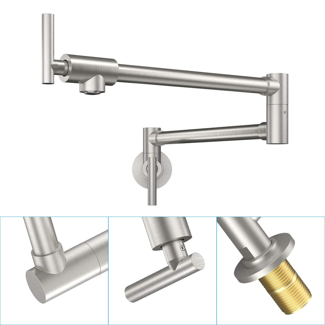 Pot Filler Faucet, Wall Mount Solid Brass Brushed Nickel Double Joint Swing Arm Folding Kitchen Faucets with Single Hole, 2 Handles