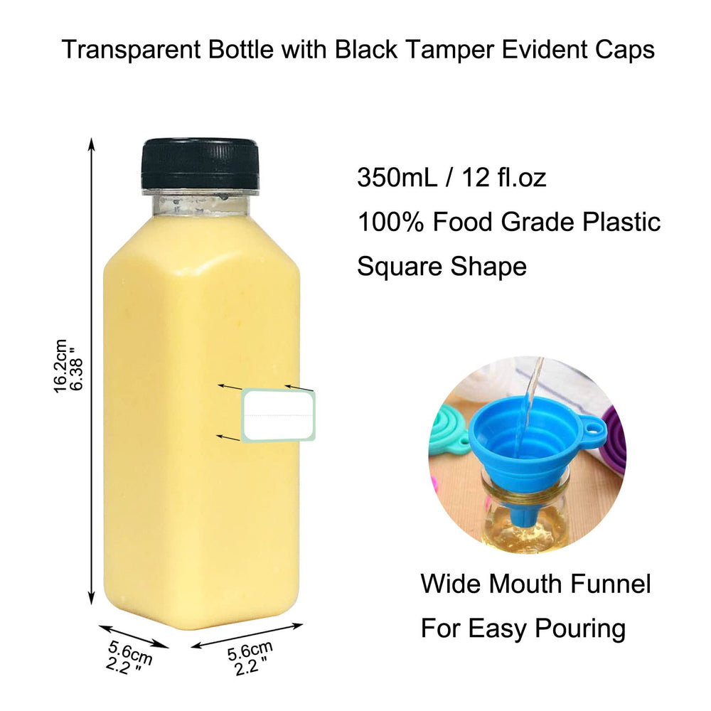 Unalilia Empty 12oz Clear Juice Bottles With Caps For Juicing - Bulk Refillable Drink Container for Juicing, Smoothie, Milk, Soda with Black Tamper Proof Caps and Funnel (24 Pack)