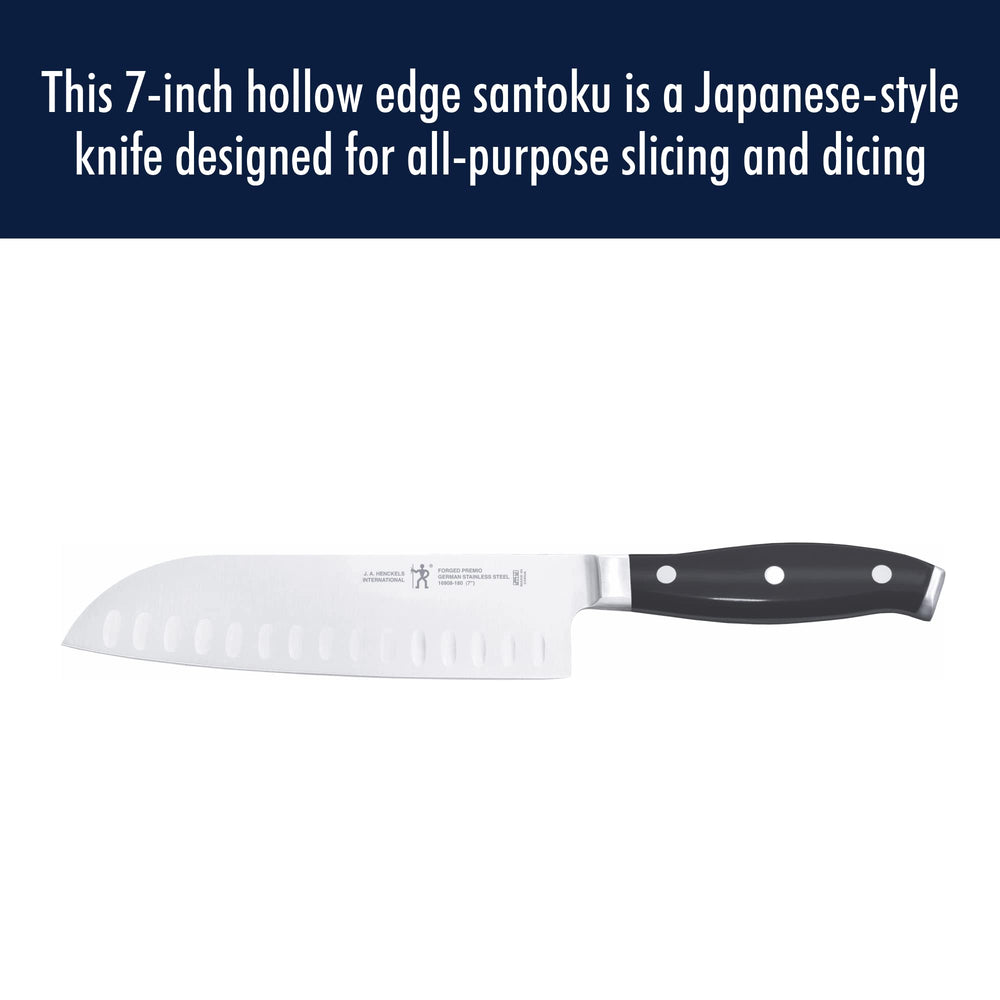 Henckels Forged Premio Hollow Edge Santoku Knife, 7-inch, Black/Stainless Steel