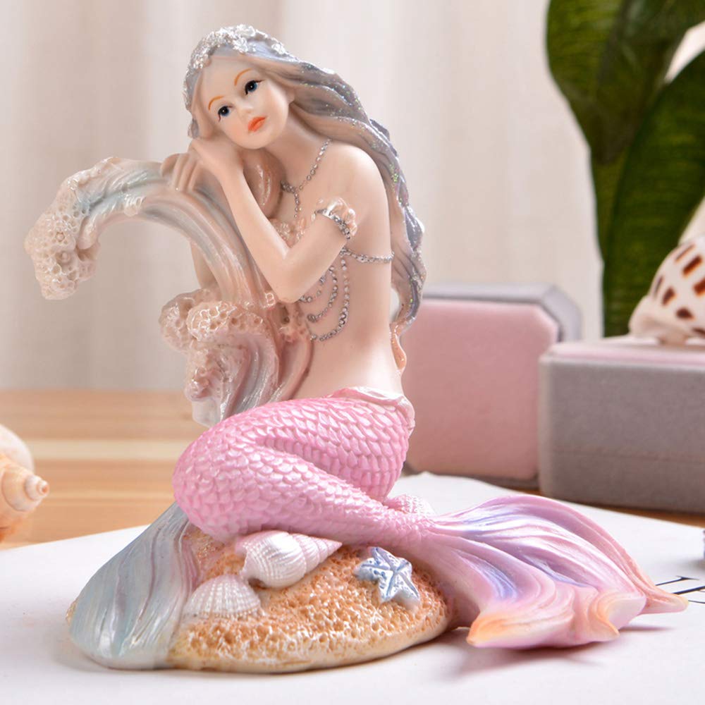 Pink Mermaid Figurines 4.72 Resin Mermaid Sculpture Mediterranean Princess Ornaments Home Office Desktop Bookshelf Mermaid Collectible Figurines Crafts Fish Tank Aquarium Decoration