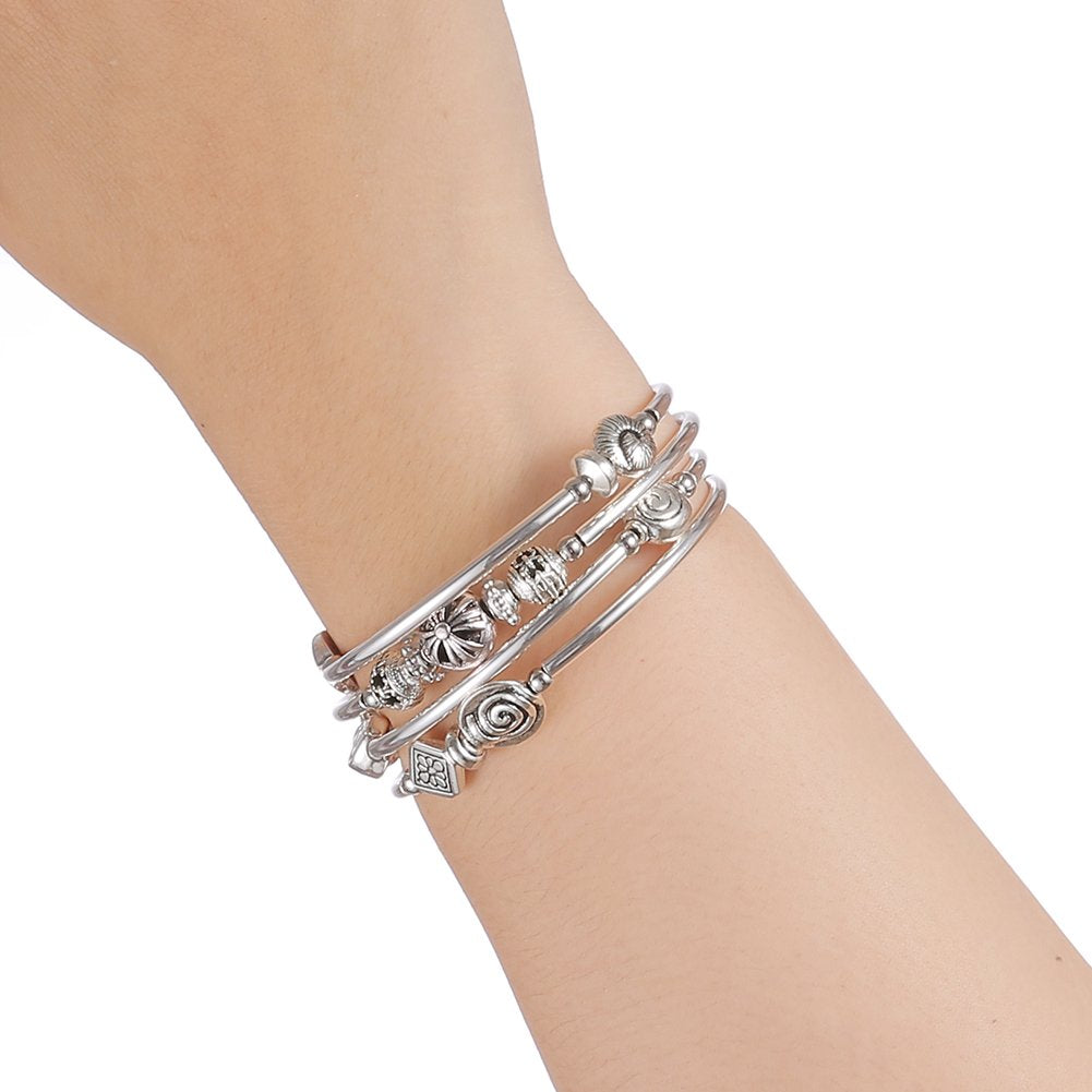 Beaded Pearl Bangle Wrap Bracelet - Fashion Bohemian Jewelry Multilayer Charm Bracelet with Thick Silver Metal Beads, Gift For Women(Metal)