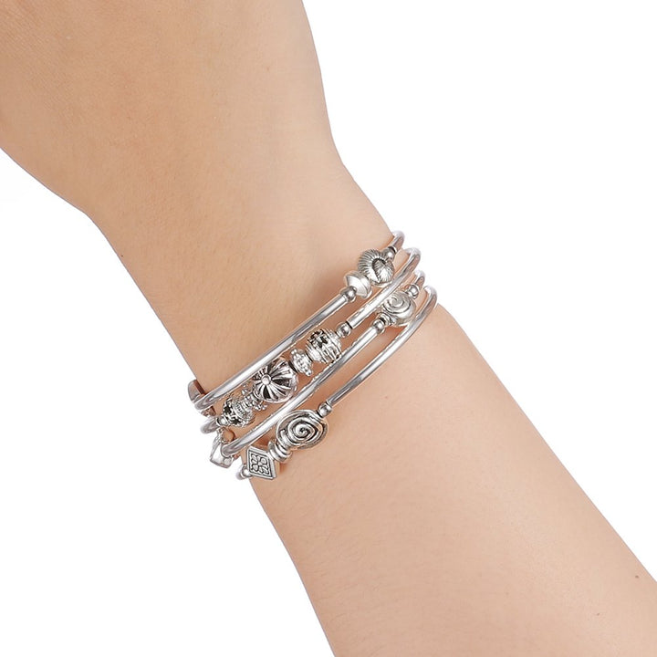 Beaded Pearl Bangle Wrap Bracelet - Fashion Bohemian Jewelry Multilayer Charm Bracelet with Thick Silver Metal Beads, Gift For Women(Metal)