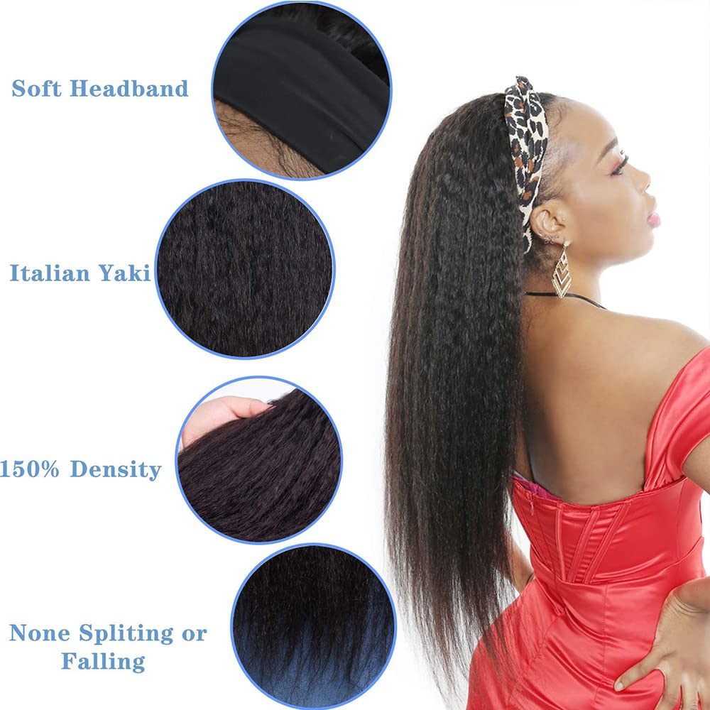 Kinky Straight Headband Wig Human Hair 150% Density Headband Wig Natural Black Kinky Straight Headband Wig 12inch Brazilian Virgin Human Hair Headband Wig Glueless Headband Wig Human Hair