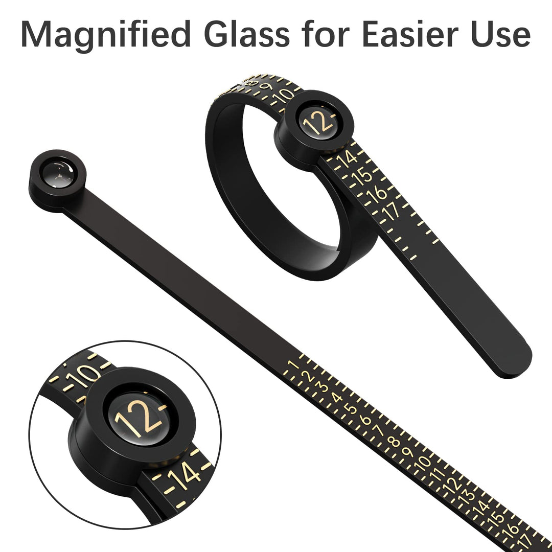 Ring Sizer 1-17 REIDEA Measuring Tool with Magnified Glass, Reusable Finger Size Gauge Jewelry Sizing Tool USA Rings Size (Black Sizer Gold Scale)