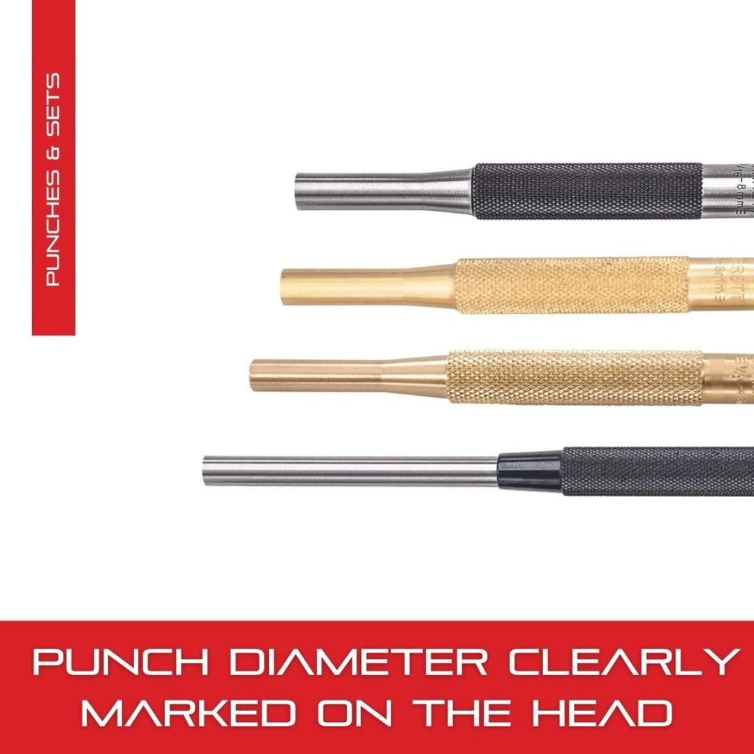 Extra-Long Drive Pin Punch with Knurled Grip for Driving Pins Into or Out of a Workpiece - Hardened and Tempered Steel, 8 Length, 3/16 Punch Diameter - 248B