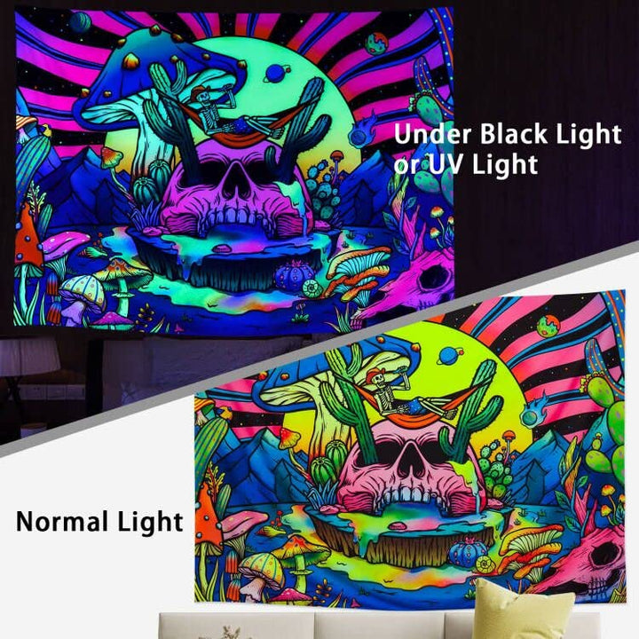 Amonercvita Blacklight Skull Tapestry UV Reactive Mushr