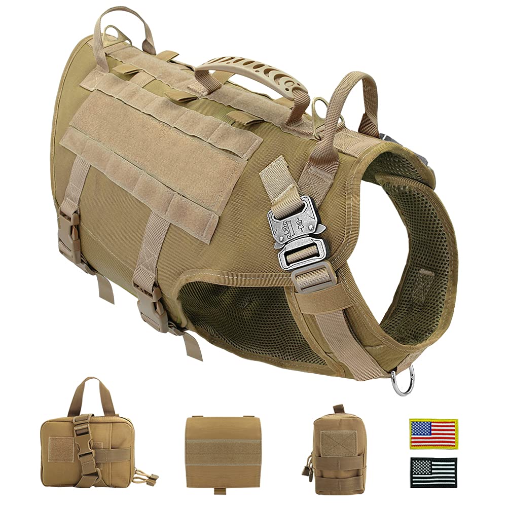 Tactical Dog Harness for Hiking Training, No Pull Vest Harness for Medium Large Dogs, with Pouches and Patches Coyote Brown, M