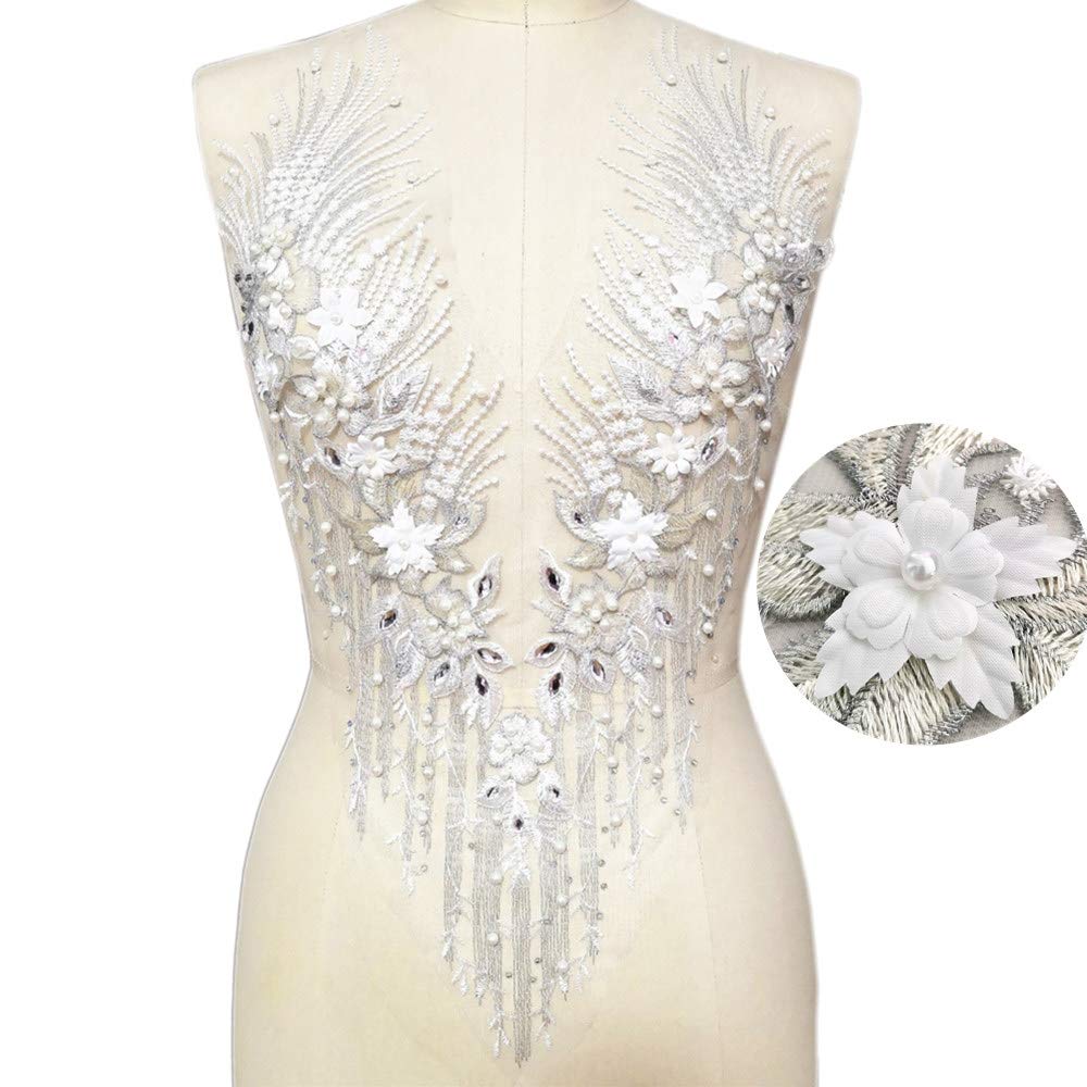 Lace Embroidered Pearl Rhinestone Patches Applique for DIY Fabric Trim Neckline Wedding Bridal Prom Dress Back Decoration (White, V-Neck)