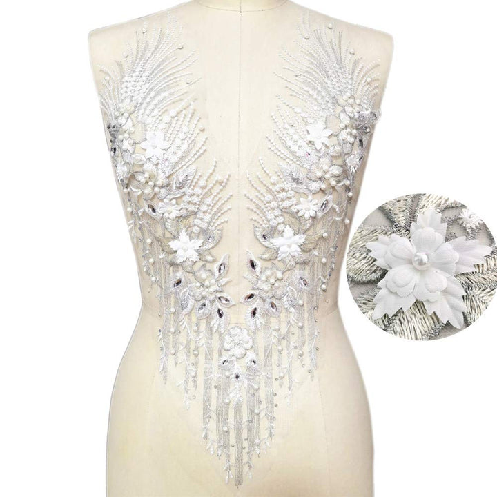 Lace Embroidered Pearl Rhinestone Patches Applique for DIY Fabric Trim Neckline Wedding Bridal Prom Dress Back Decoration (White, V-Neck)