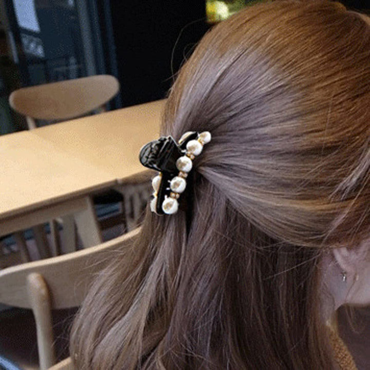 2 Pcs Man-Made Pearl Women Lady Girls Hair Black Clip Pin Claw Barrettes Accessories (1 Big + 1 Small)