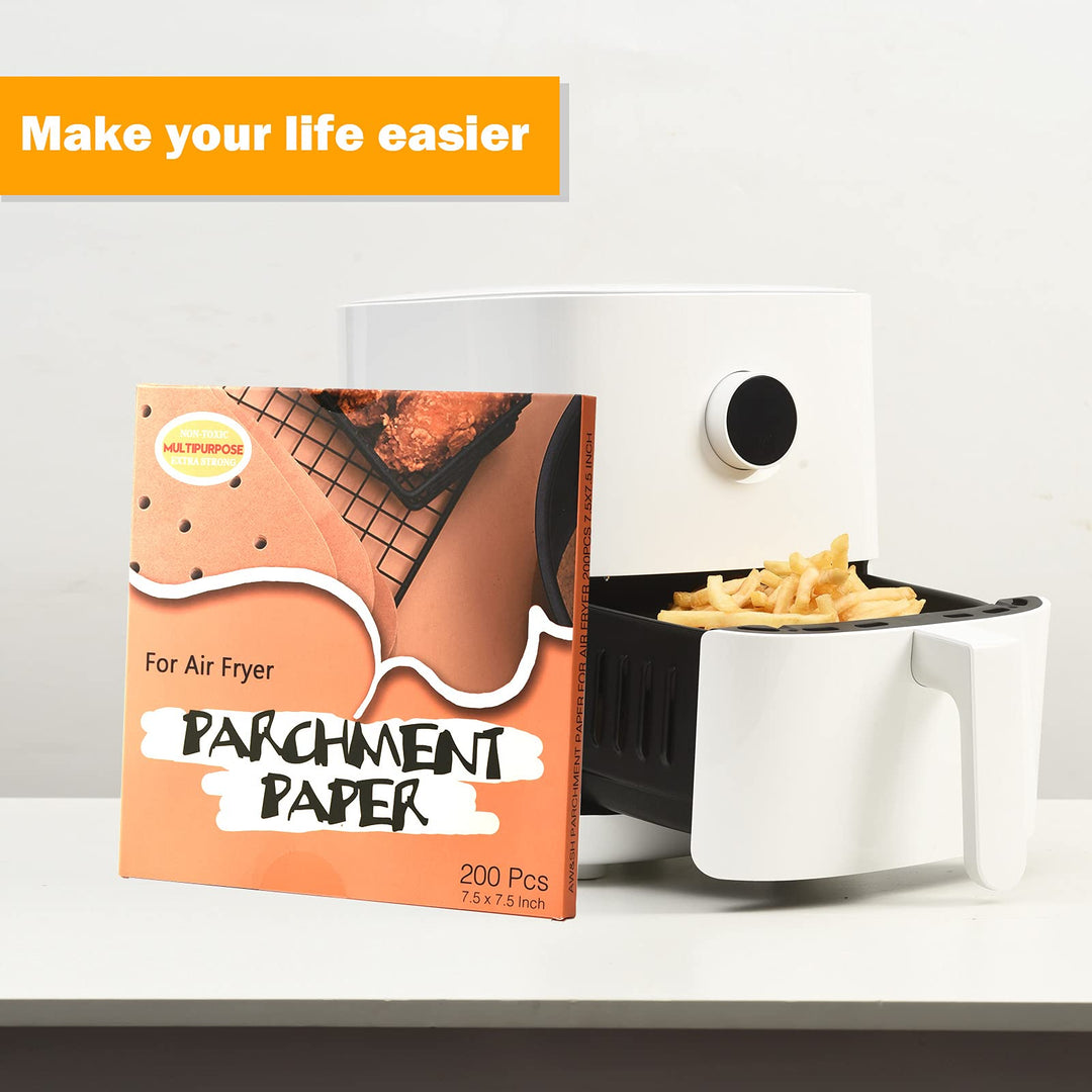 AW&amp;SH Air Fryer Liners, 200pcs 7.5 inch Square Unbleached Air Fryer Disposable Paper Liner, Food Grade Parchment Paper for Baking Roasting Microwave, Oil-Proof, Water-Proof, Non-Stick