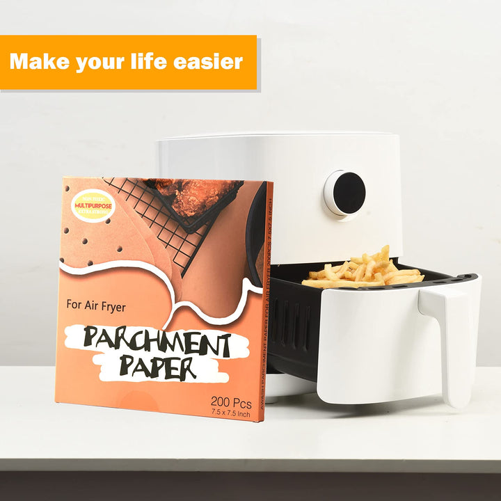 AW&amp;SH Air Fryer Liners, 200pcs 7.5 inch Square Unbleached Air Fryer Disposable Paper Liner, Food Grade Parchment Paper for Baking Roasting Microwave, Oil-Proof, Water-Proof, Non-Stick