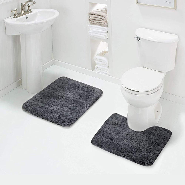 Shaggy 2 Piece Bath Rug Sets (Dark Grey) 20 x 24 U Shape Contour Rug &amp; 20 x 32 Bathroom Rug Machine Wash/Dry Bath Mats for Bathroom Plush Absorbent Bathroom Rugs and Mats Set Non Slip