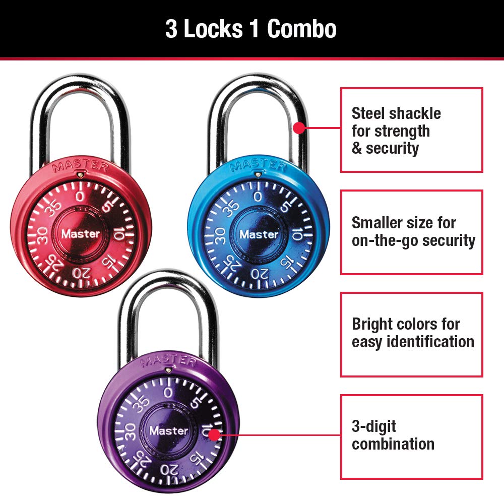 1533TRI Locker Lock Mini Combination Padlock, 3 count (Pack of 1), Colors may vary
