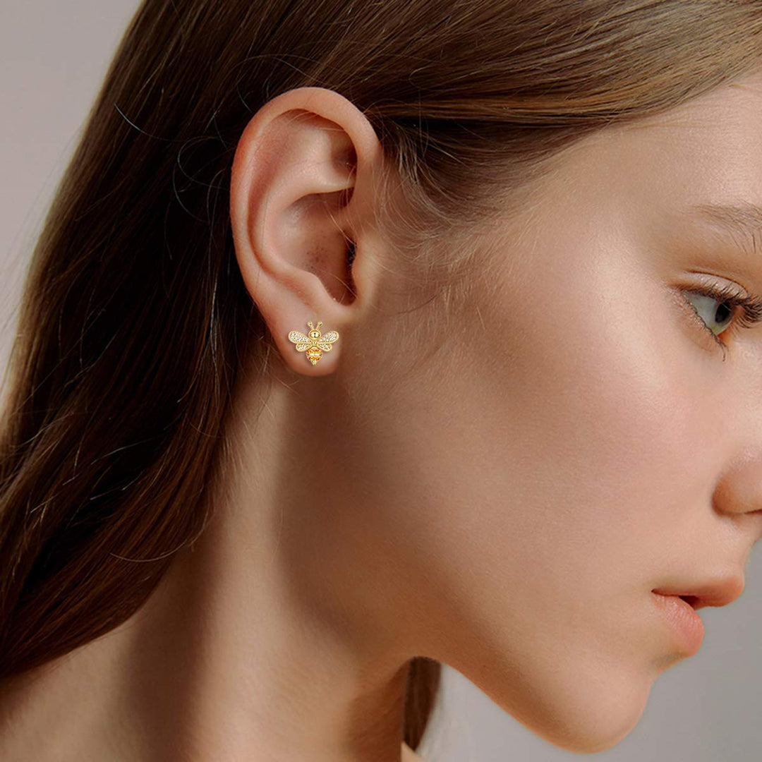 925 Sterling Silver CZ Gold Tone Tiny Bumblebee Stud Earrings for Women, Valentine&#39;s Day/Mother&#39;s Day/Christmas Jewelry Gift for Wife/Mom