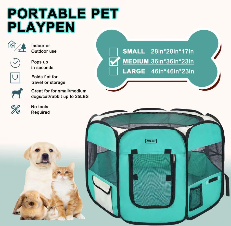 Portable Dog Cat Playpen Foldable Pet Exercise Pen Tents for Dogs/Cats/Rabbits/Pets, Indoor/Outdoor Travel Camping Use with Carry Case