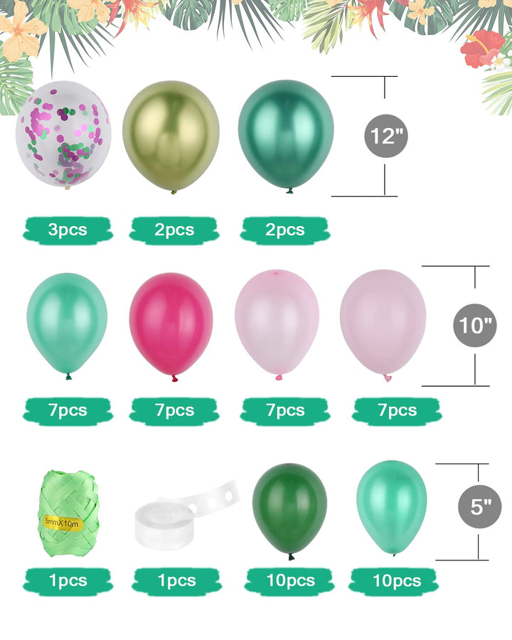 120 Pieces 12 Kinds Tropical Party Decoration Set, Include Hawaiian Table Skirt, Green Pink Balloons, Palm Leaf and Tropical Flowers for Summer Theme Baby Shower Birthday Luau Party Supplies