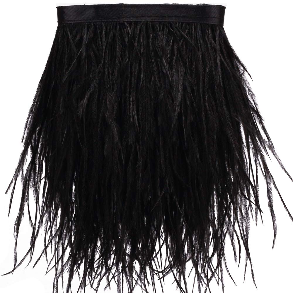 Ostrich Feathers Sewing Fringe Trim Ribbon for Crafts Clothes Accessories Latin Wedding Dress DIY 2 Yards 4-6inch Width (Black)