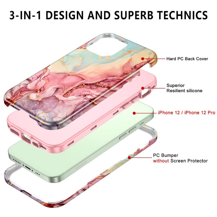 for iPhone 12 Case/iPhone 12 Pro Case, Heavy Duty Three Layer Marble Shockproof Full Body Rugged Hard PC+Soft TPU Bumper Drop Protection Women Girls Cover for iPhone 12/12 Pro, Rose Gold