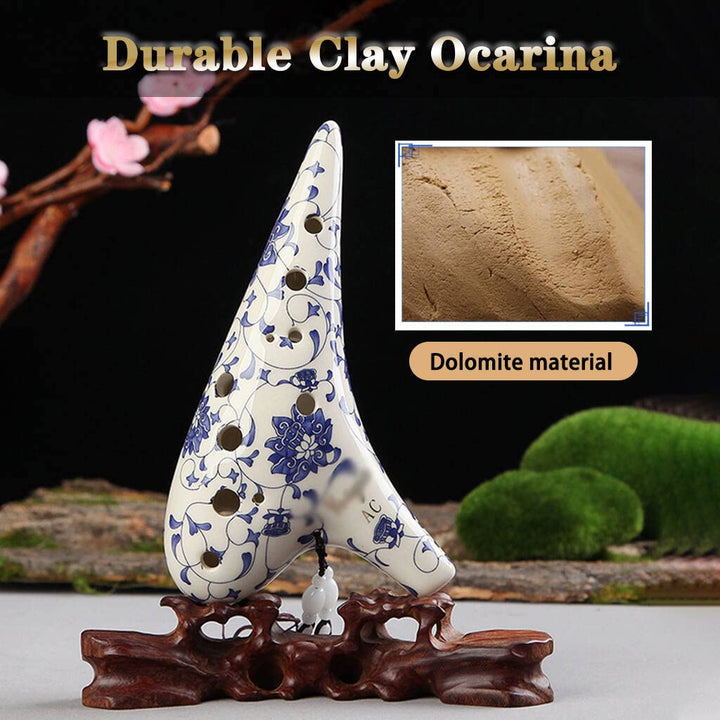 12 Hole Alto C Ocarina with Protective Bag, Hand Painted Blue and White Porcelain Musical Instrument, Porcelain clay Collectible with Neck Strap, Gift Idea For Beginner Musician, Easy to Learn