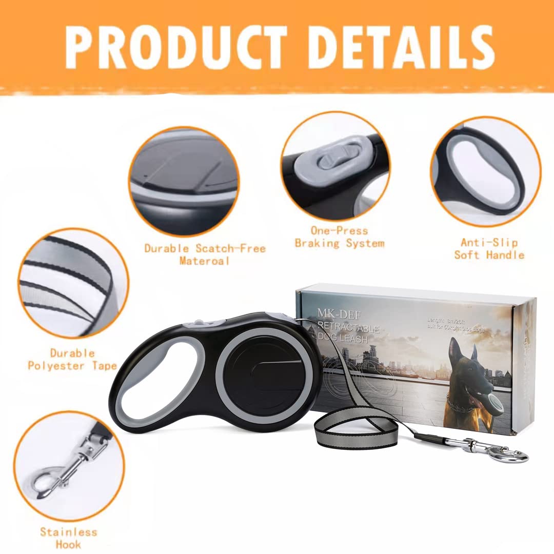 26Ft Retractable Dog Leash, Heavy Duty Great Leash for Dog up to 110 lbs, Anti-Slip Rubberized Handle, One-Handed Brake, Strong Nylon Tape, Tangle Free——