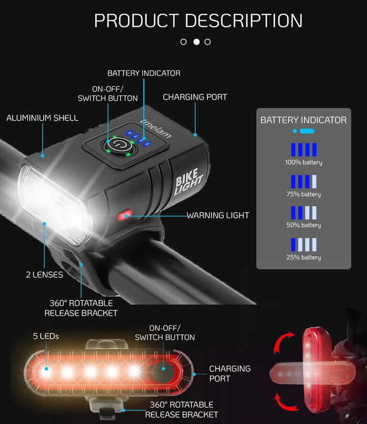USB Rechargeable Bike Light Set Front and Rear, LED Aluminum Bicycle Headlight, Bike Head Light, Cycling Front Rear Lamp, Waterproof, LED 1200 LM (1 Front 1 Rear)