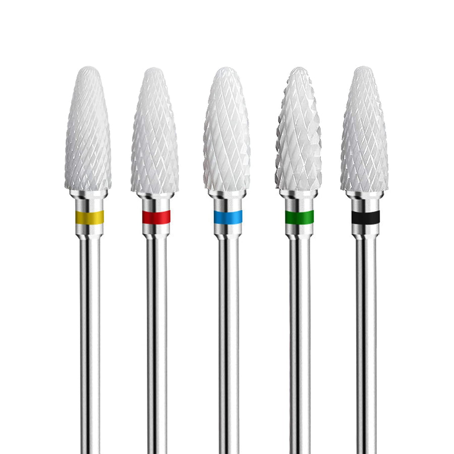 Fantexy Ceramic Nail Drill Bits Set,3/32'' Shank Professional Corn Shape Ceramic Bits,Acrylic Nail File Bits for Manicure Pedicure Cuticle Gel Nail Polishing,Use for Both Left and Right Handed(5 Pcs)