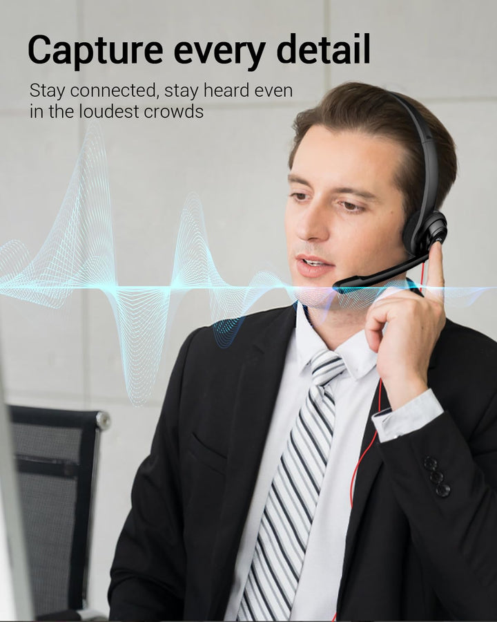 HW02 USB Computer Headset with Clear Chat Microphone, Lightweight On-Ear Wired Headset for MS Teams, Skype, Webinars, Call Center and More (Black)
