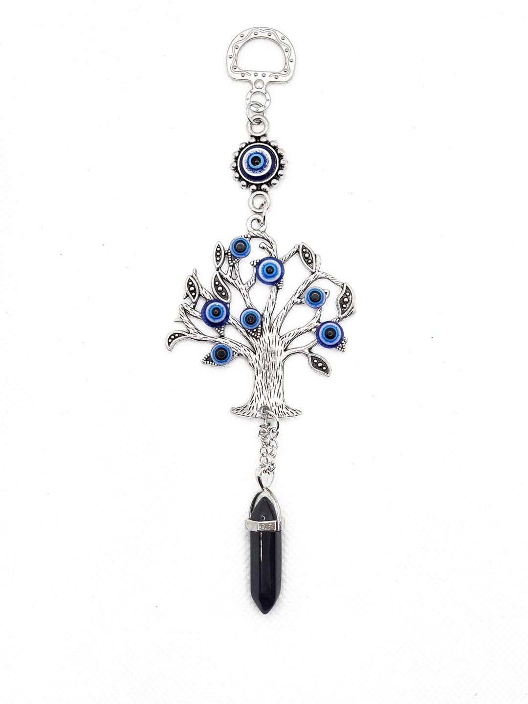 Silver Tree of Life Amulet w/Blue Evil Eye &amp; Crystal Gemstone - Charm for Growth, Strength, Protection, Home Hanging Decor, Car Rear View Mirror Accessories, 2.2x7, Black Stone