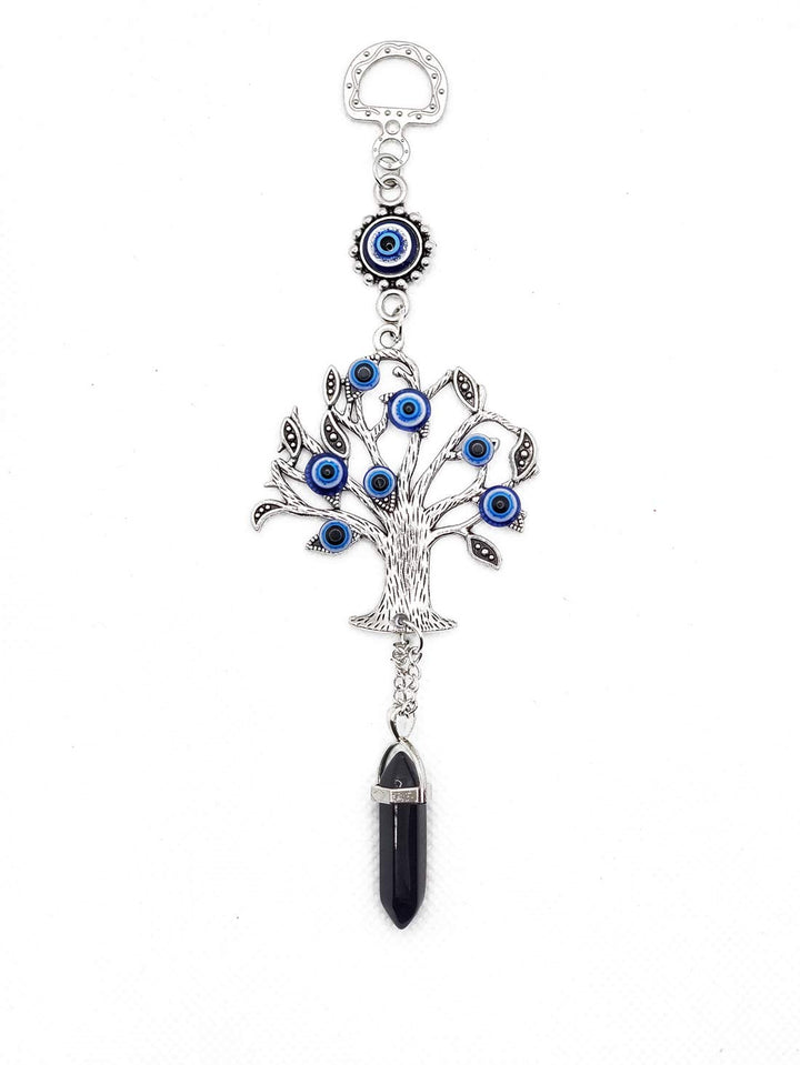 Silver Tree of Life Amulet w/Blue Evil Eye &amp; Crystal Gemstone - Charm for Growth, Strength, Protection, Home Hanging Decor, Car Rear View Mirror Accessories, 2.2x7, Black Stone