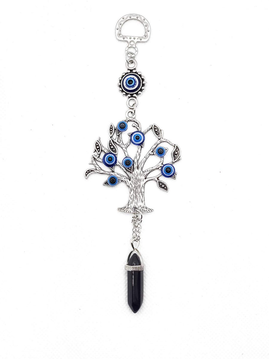 Silver Tree of Life Amulet w/Blue Evil Eye & Crystal Gemstone - Charm for Growth, Strength, Protection, Home Hanging Decor, Car Rear View Mirror Accessories, 2.2x7, Black Stone