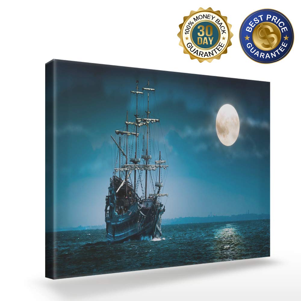 Canvas Wall Art - Night Ship Sea Navigation Moon Pictures - Modern Wall Decor Gallery Canvas Wraps Giclee Print Stretched and Framed Ready to Hang - 12 x 16