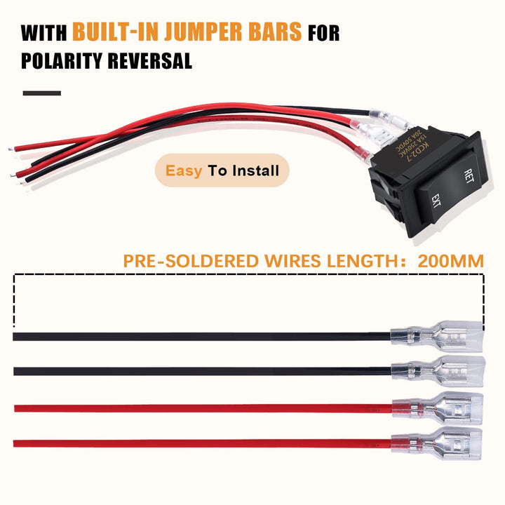 4 Pin DPDT Momentary RV Jack Switch DC12V Reverse Polarity Rocker Switch 20A (ON)-Off-(ON) Motor Control Switch with Pre-Wires for 5th Wheel Tongue Trailer KCD2-7-223-4PIN-X