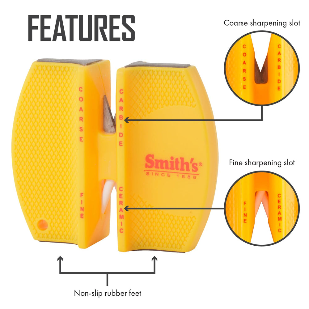 CCKS 2-Step Knife Sharpener - Yellow - 2-Step Preset Coarse & Fine Slots - Outdoor Handheld Knife Sharpener - Fishing, Hunting, Fillet, Pocket Knives - Compact Plastic Portable Keychain Tool
