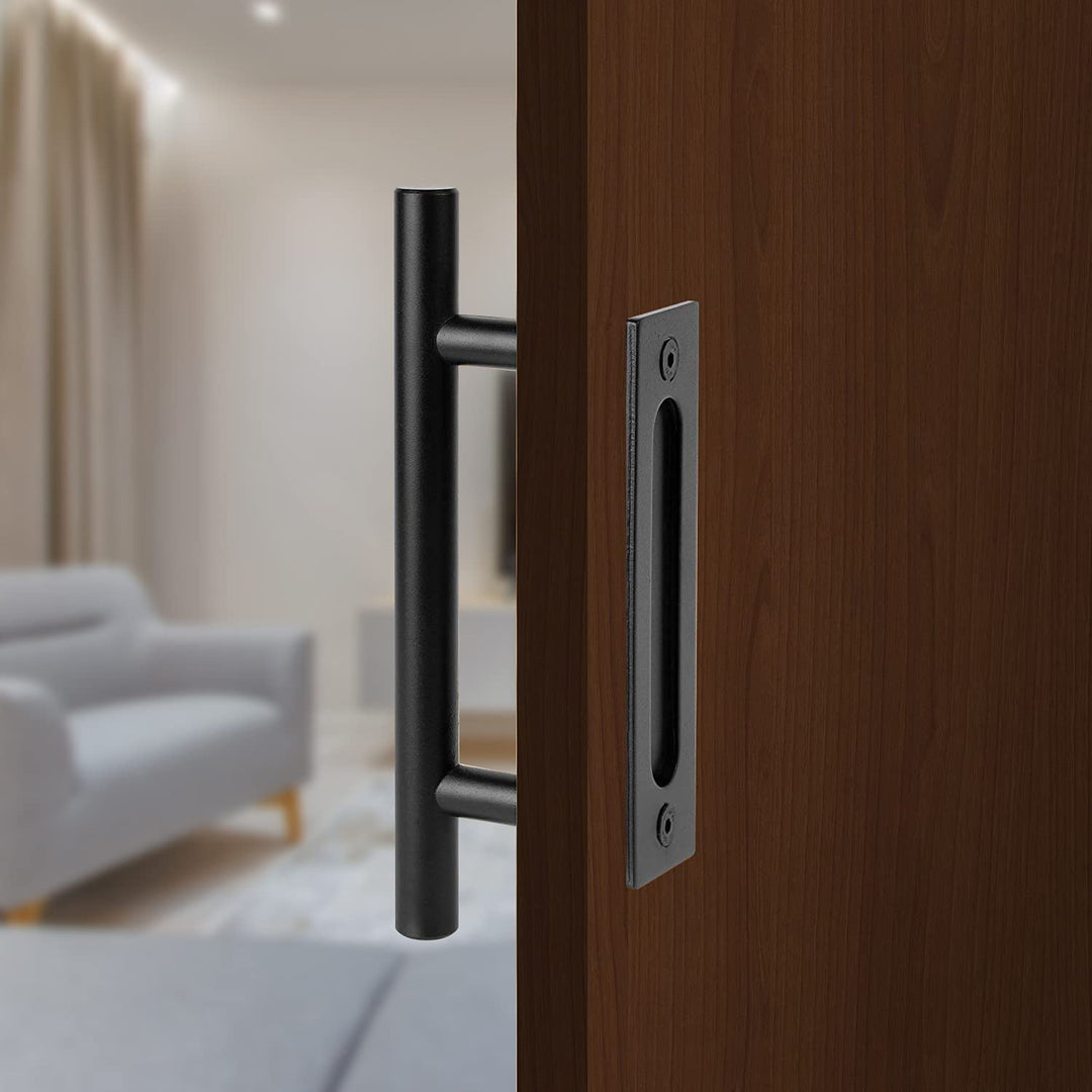 Barn Door Handles Black 12 inch - Sliding Barn Door Handle with Lock Barndoor Hardware Set, Bard Flat Back Plate - Barnwood kit, Inset Knobs Closet Finger Flush Pulls Barnyard Barb Latch Closure Pull