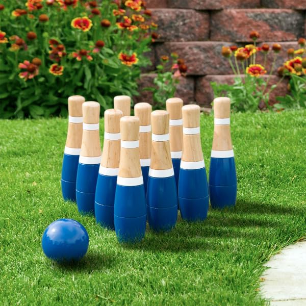13-Piece Wood Bowling Set - Indoor/Outdoor Bowling Game for Adults and Kids Ages 3 and Up - 10 Wood Pins, 2 Balls, and Carrying Bag by Hey Play (Blue)